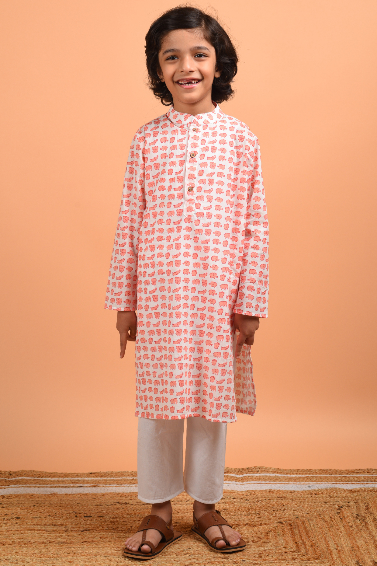 Peach Printed Kurta Set For Boys by KALP at Pernia's Pop Up Shop