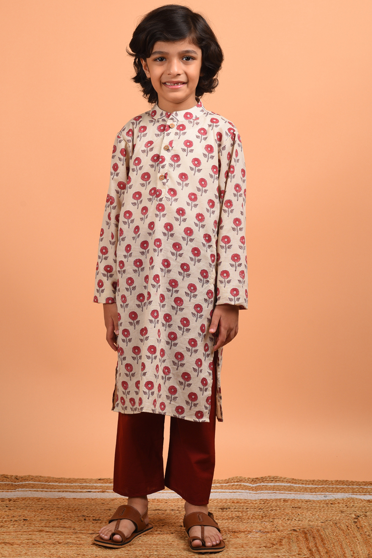 Beige Printed Kurta Set For Boys by KALP at Pernia's Pop Up Shop