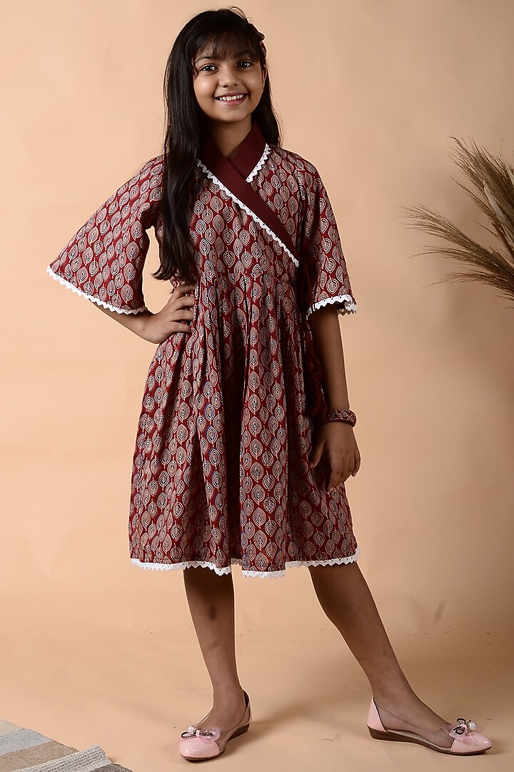 Maroon Floral Printed Dress For Girls by KALP