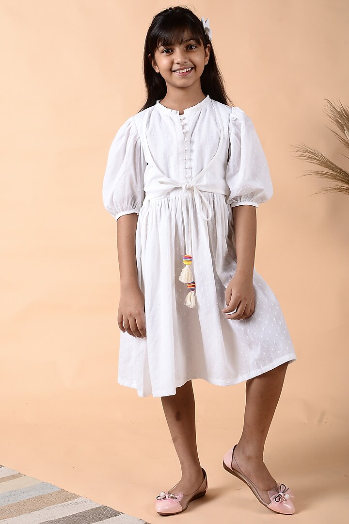White Cotton Overlapped Dress For Girls by KALP