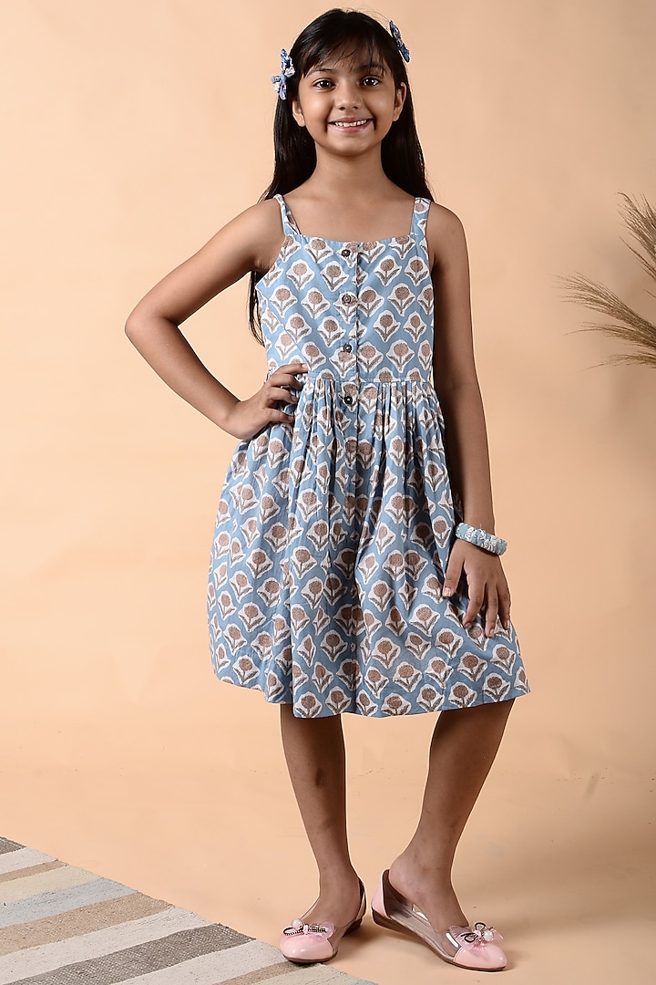 Stone Blue Floral Printed Cami Dress For Girls by KALP