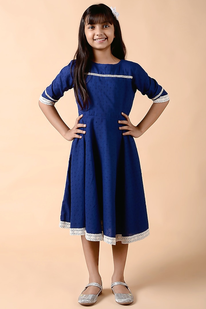 Royal Blue Embroidered Dress For Girls by KALP
