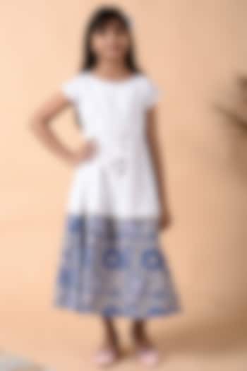 White Block Printed Dress For Girls by KALP