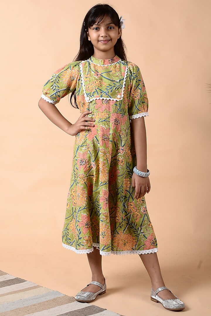 Leaf Green Floral Printed Kalidar Dress For Girls by KALP