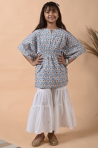 Stone Blue Floral Printed Kaftan For Girls by KALP