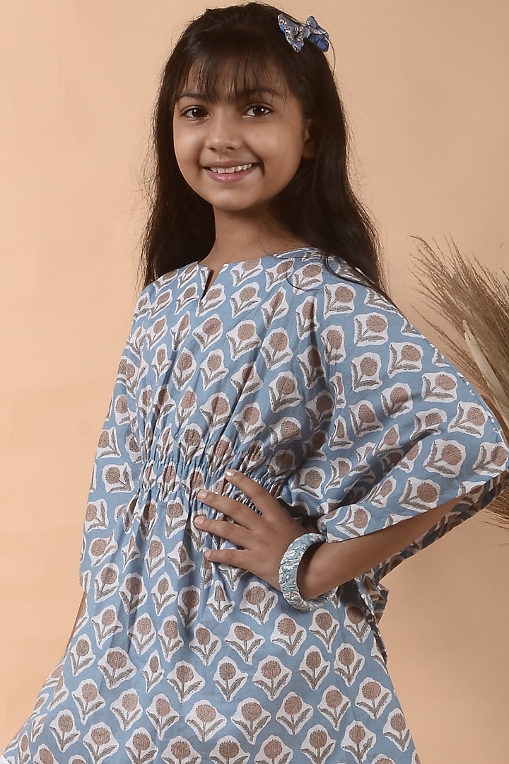 Stone Blue Floral Printed Kaftan For Girls by KALP at Pernia's Pop Up Shop