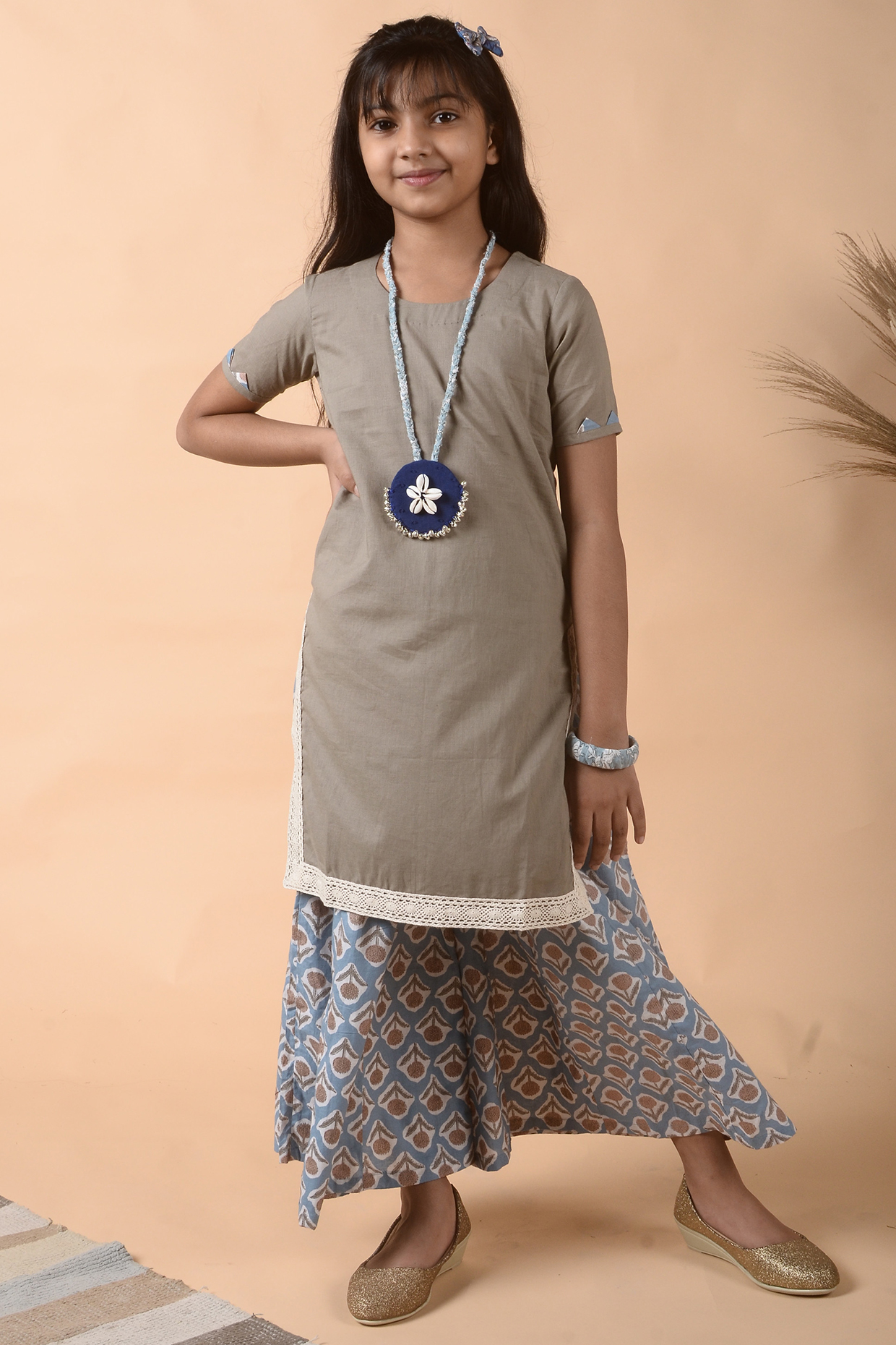 Fawn Cotton Kurta Set For Girls by KALP at Pernia's Pop Up Shop