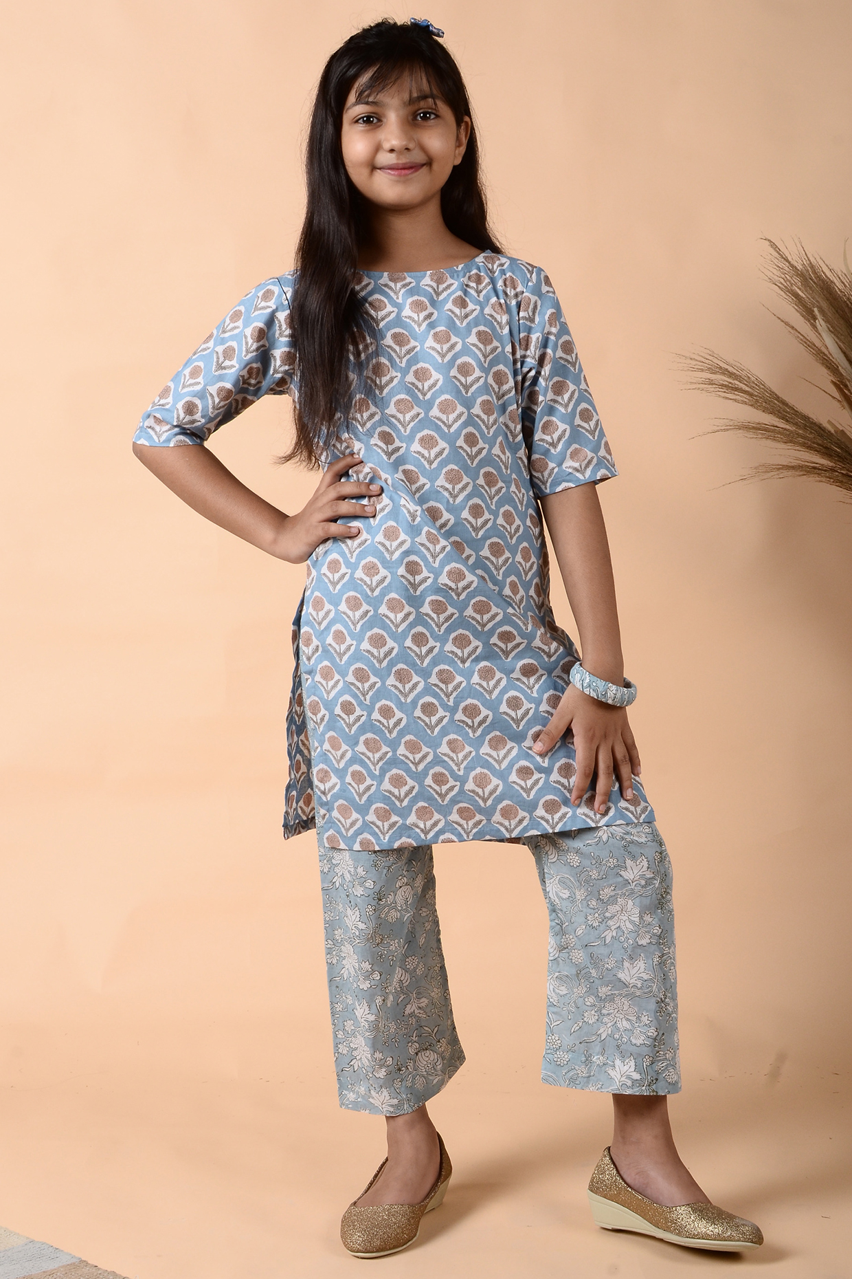 Stone Blue Hand Block Printed Kurta Set For Girls by KALP at Pernia's Pop Up Shop