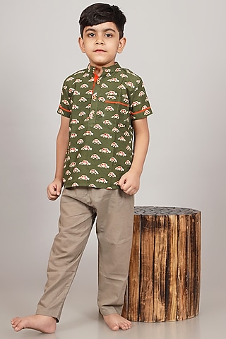 Olive Green Digital Printed Shirt For Boys by KALP