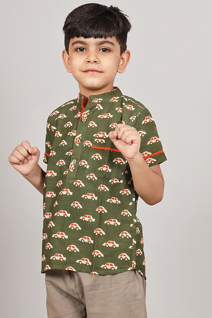 Olive Green Digital Printed Shirt For Boys by KALP at Pernia's Pop Up Shop