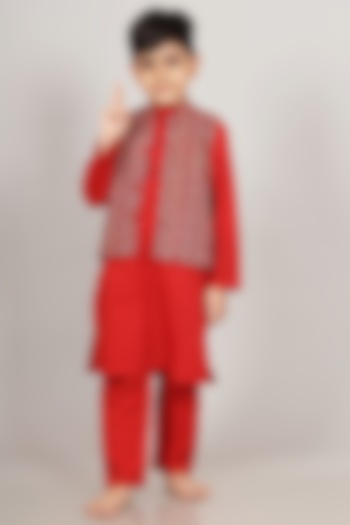 Maroon & Brown Printed Nehru Jacket With Kurta Set For Boys by KALP at Pernia's Pop Up Shop