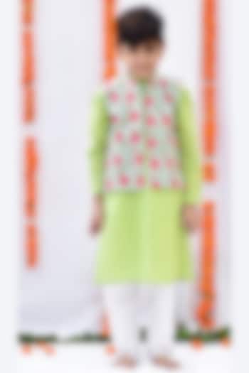Pista Green Floral Printed Nehru Jacket With Kurta Set For Boys by KALP