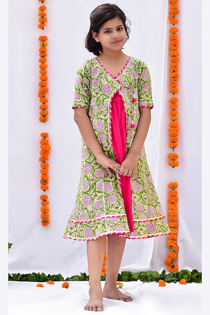 Green Printed A-Line Shrug Midi Dress For Girls by KALP