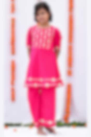 Rani Pink Mulmul Cotton Kurta Set For Girls by KALP