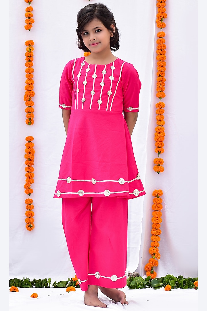 Rani Pink Mulmul Cotton Kurta Set For Girls by KALP