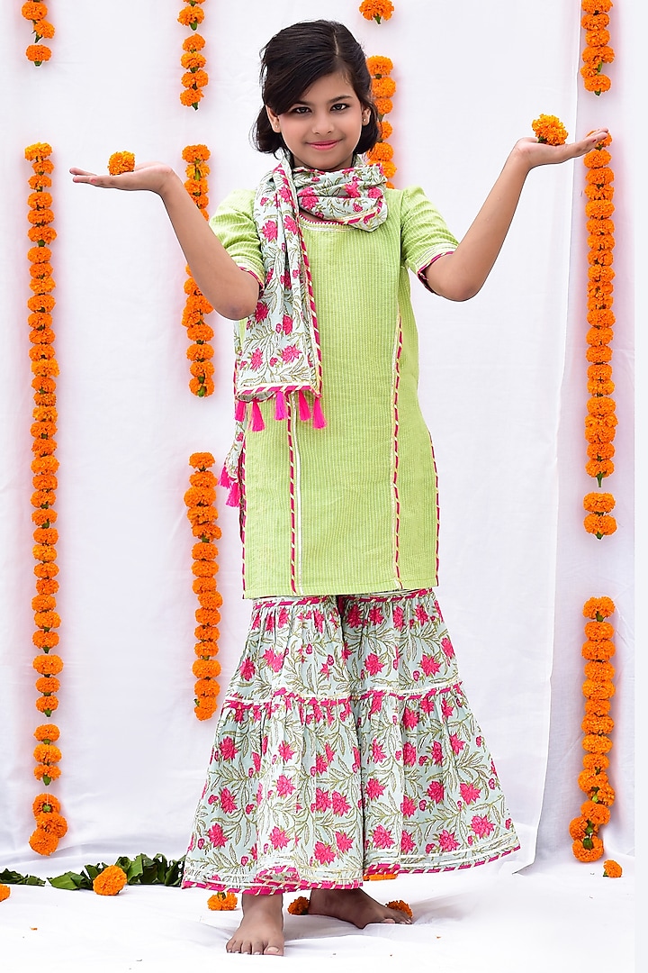 Mint Printed Sharara Set For Girls by KALP