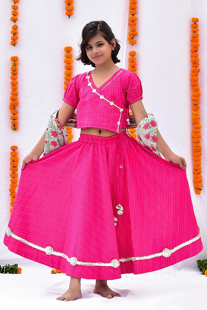 Rani Pink Embroidered Lehenga Set For Girls by KALP