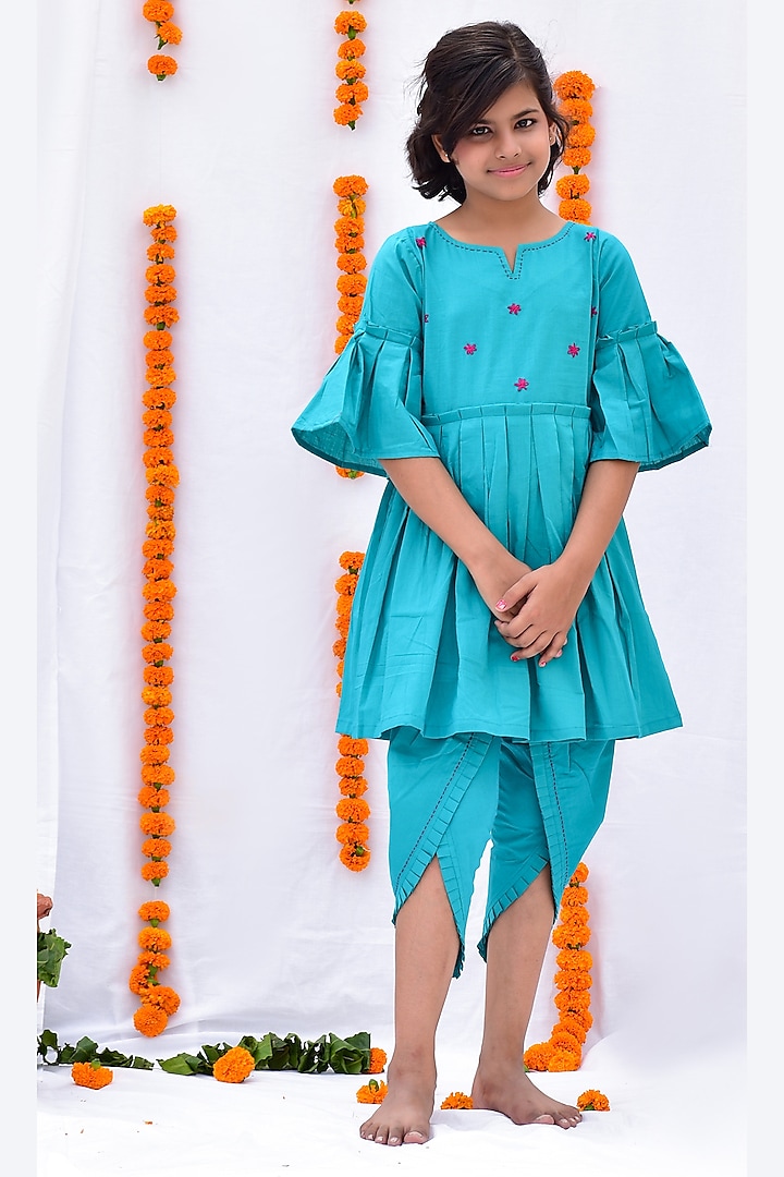 Blue Cotton Hand Embroidered Dhoti Set For Girls by KALP