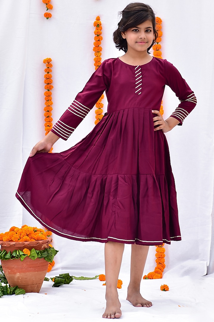 Wine Cotton Tiered Dress For Girls by KALP