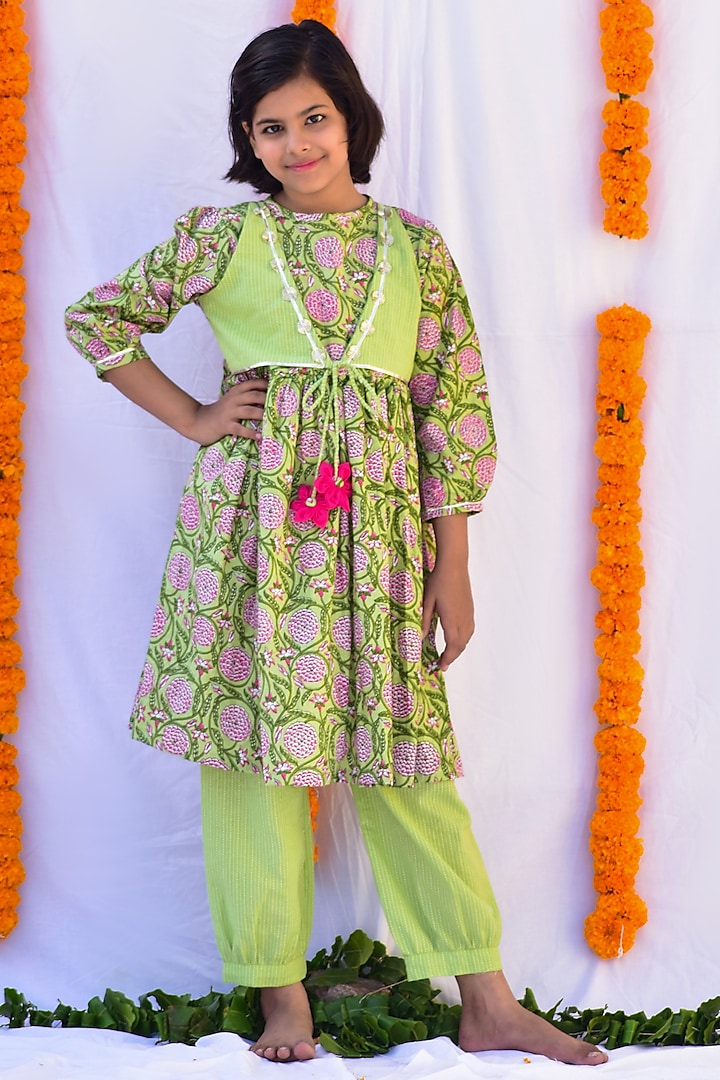 Pista Green Floral Printed Anarkali Set For Girls by KALP