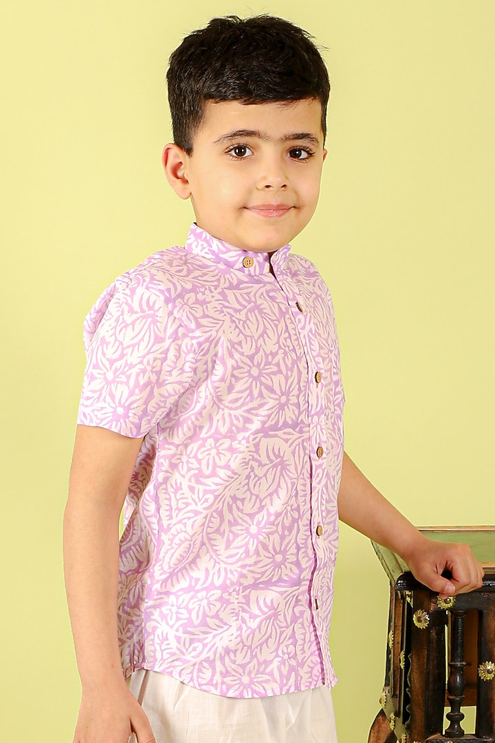 Lavender Cotton Hand Block Printed Shirt For Boys by KALP at Pernia's Pop Up Shop