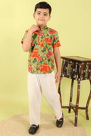Green Cotton Hand Block Printed Shirt For Boys by KALP