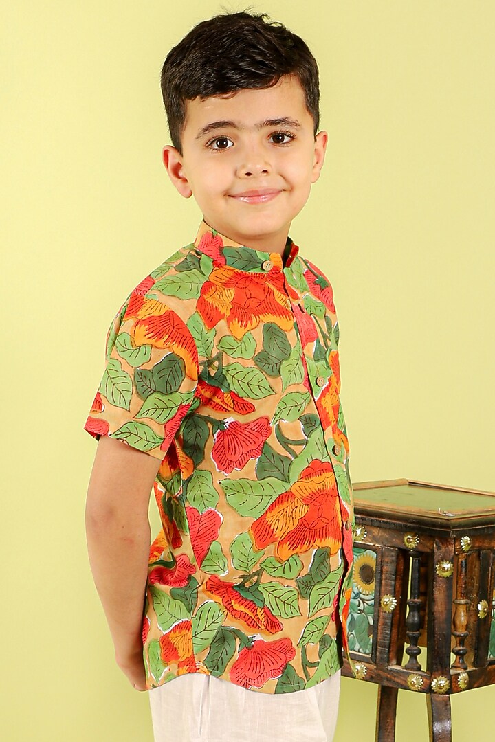 Green Cotton Hand Block Printed Shirt For Boys by KALP at Pernia's Pop Up Shop
