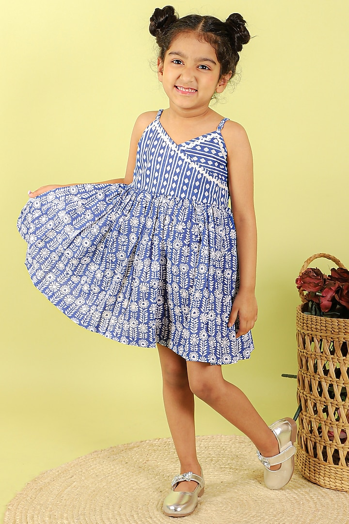 Blue Cotton Hand Block Printed Camisole Dress For Girls by KALP