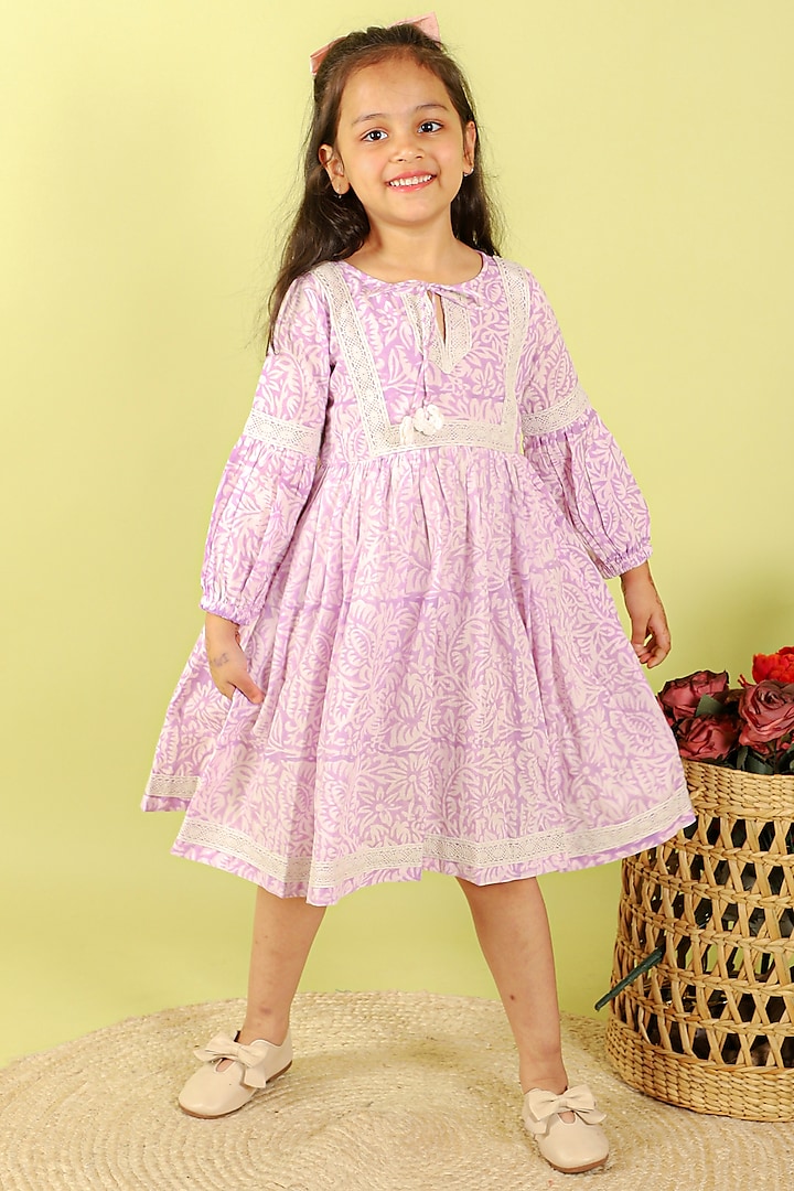 Lavender Cotton Hand Block Printed Dress For Girls by KALP