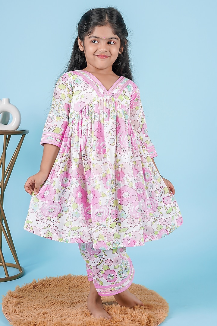 Pink Cotton Gota Work & Floral Hand Block Printed Kurta Set For Girls by KALP at Pernia's Pop Up Shop