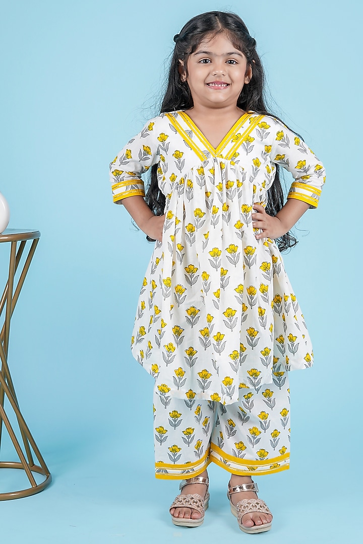 Yellow Gota Work & Floral Hand Block Printed Kurta Set For Girls by KALP at Pernia's Pop Up Shop