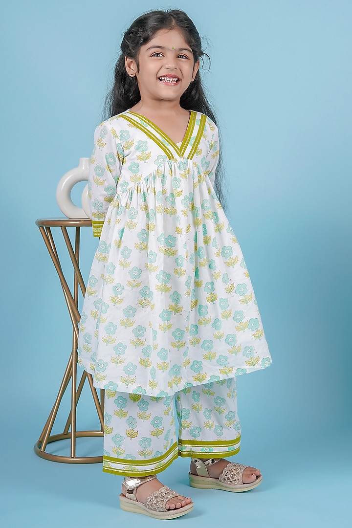 Green Cotton Gota Work & Floral Hand Block Printed Kurta Set For Girls by KALP