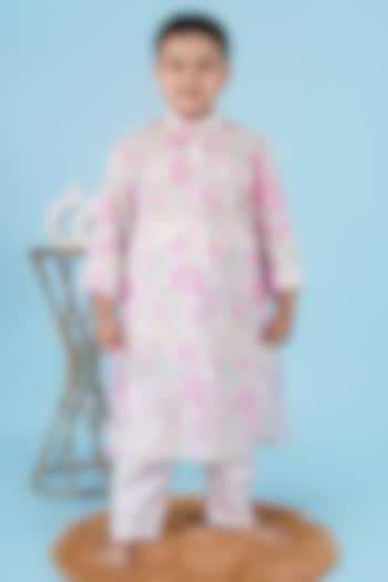 Pink Cotton Floral Hand Block Printed Kurta Set For Boys by KALP