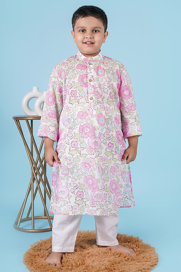 Pink Cotton Floral Hand Block Printed Kurta Set For Boys by KALP