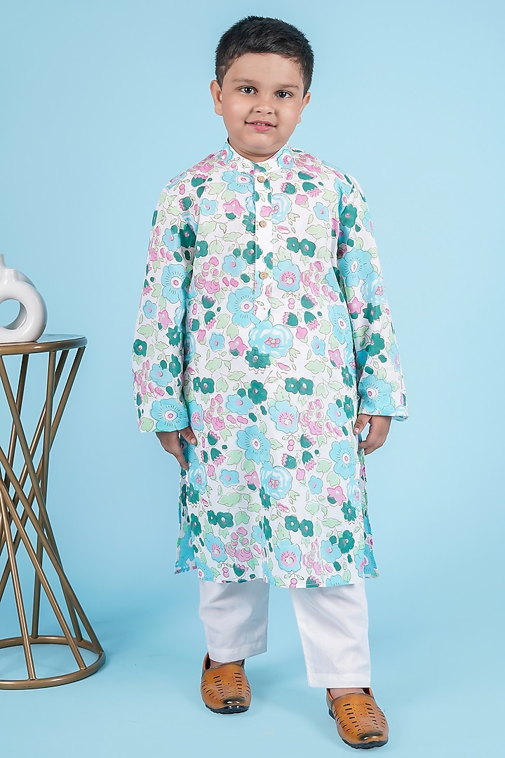 Blue Cotton Floral Hand Block Printed Kurta Set For Boys by KALP at Pernia's Pop Up Shop