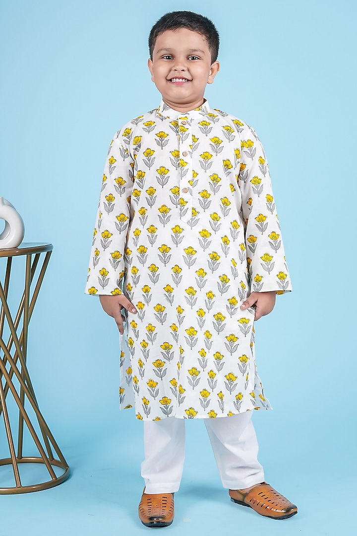 Yellow Cotton Floral Hand Block Printed Kurta Set For Boys by KALP