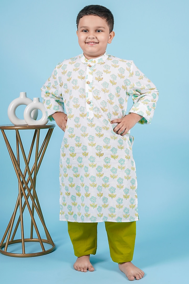 Green Cotton Floral Hand Block Printed Kurta Set For Boys by KALP