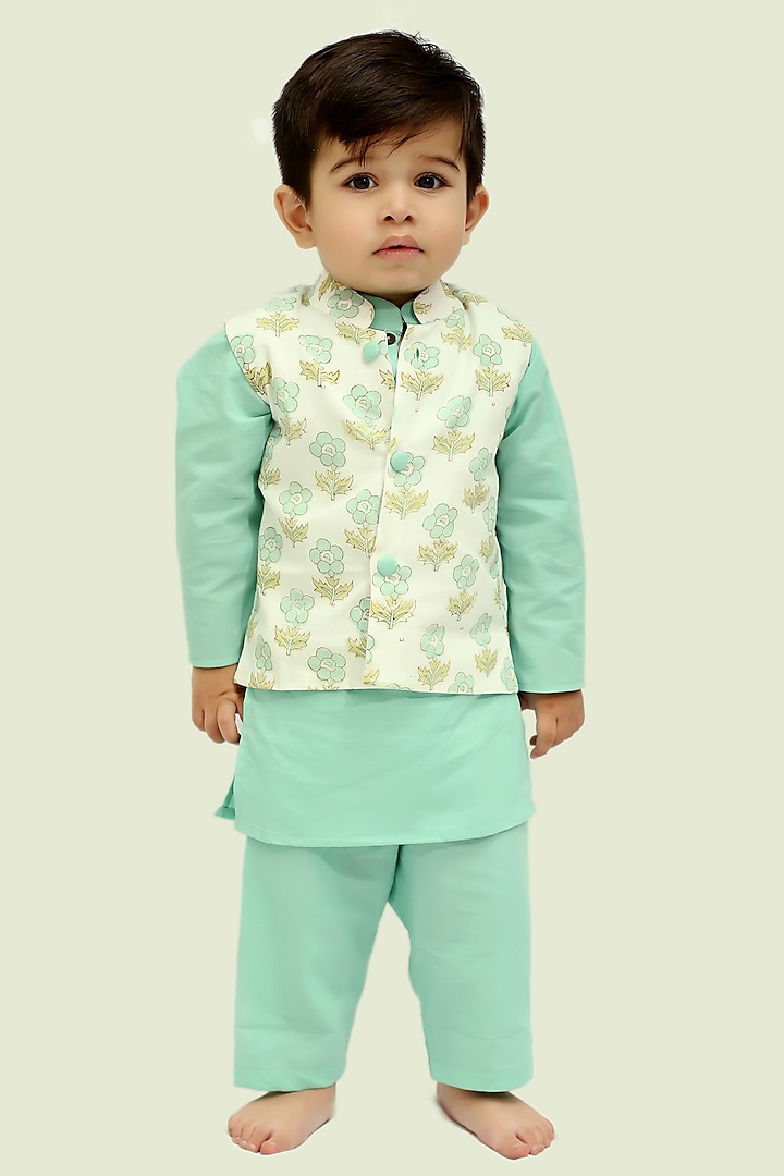 White Cotton Floral Hand Block Printed Nehru Jacket Set For Boys by KALP