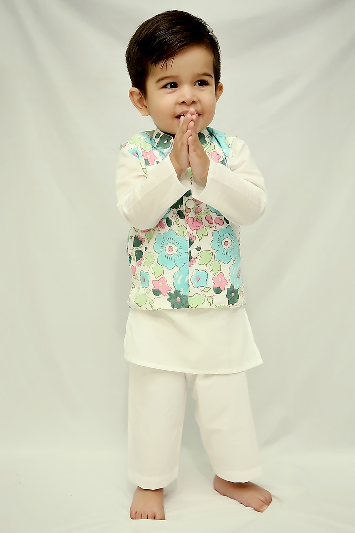 Blue Cotton Floral Hand Block Printed Nehru Jacket Set For Boys by KALP