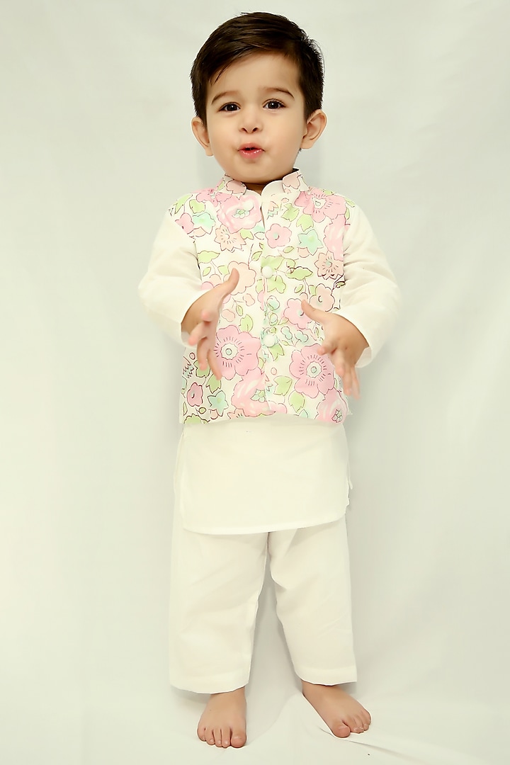 Pink Cotton Floral Hand Block Printed Nehru Jacket Set For Boys by KALP at Pernia's Pop Up Shop