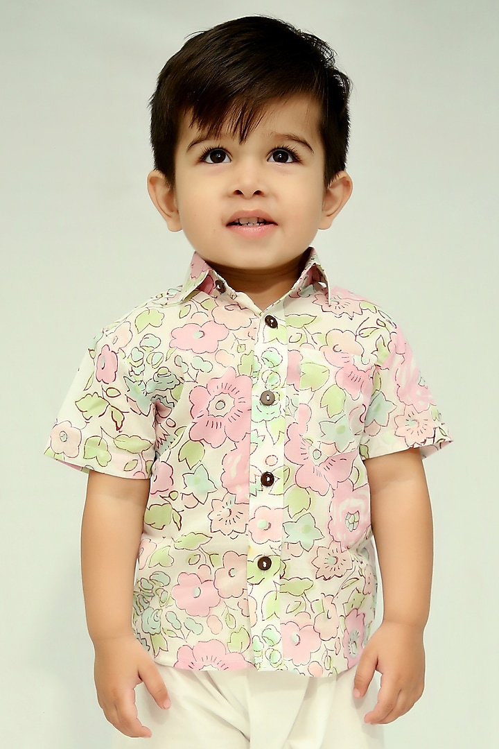 Pink Cotton Floral Hand Block Printed Nehru Jacket Set For Boys by KALP