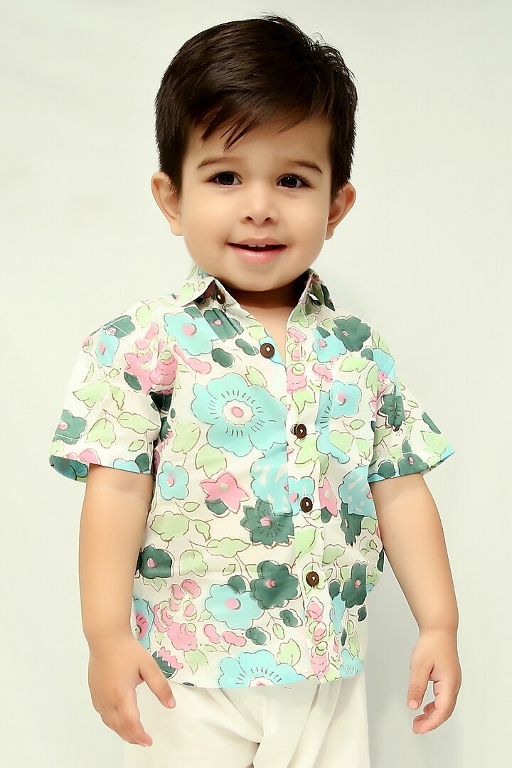 Blue Cotton Floral Hand Block Printed Shirt For Boys by KALP