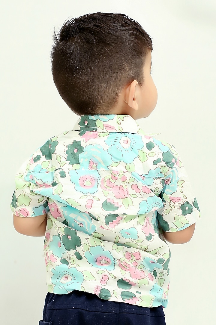 Blue Cotton Floral Hand Block Printed Shirt For Boys by KALP at Pernia's Pop Up Shop