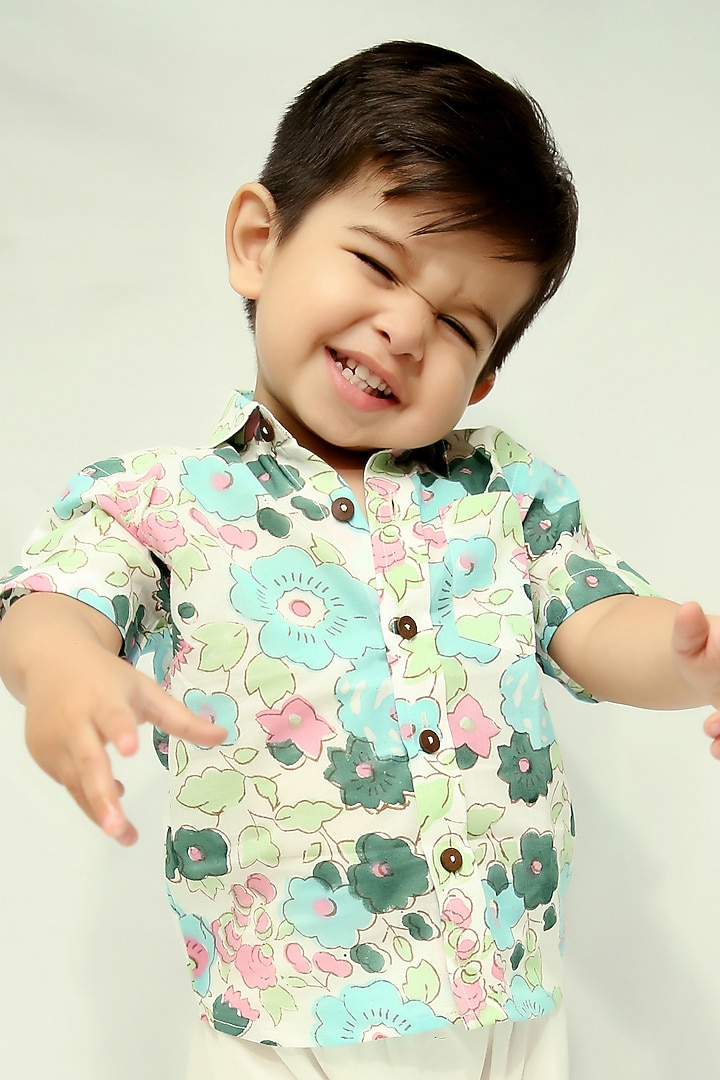 Blue Cotton Floral Hand Block Printed Shirt For Boys by KALP at Pernia's Pop Up Shop
