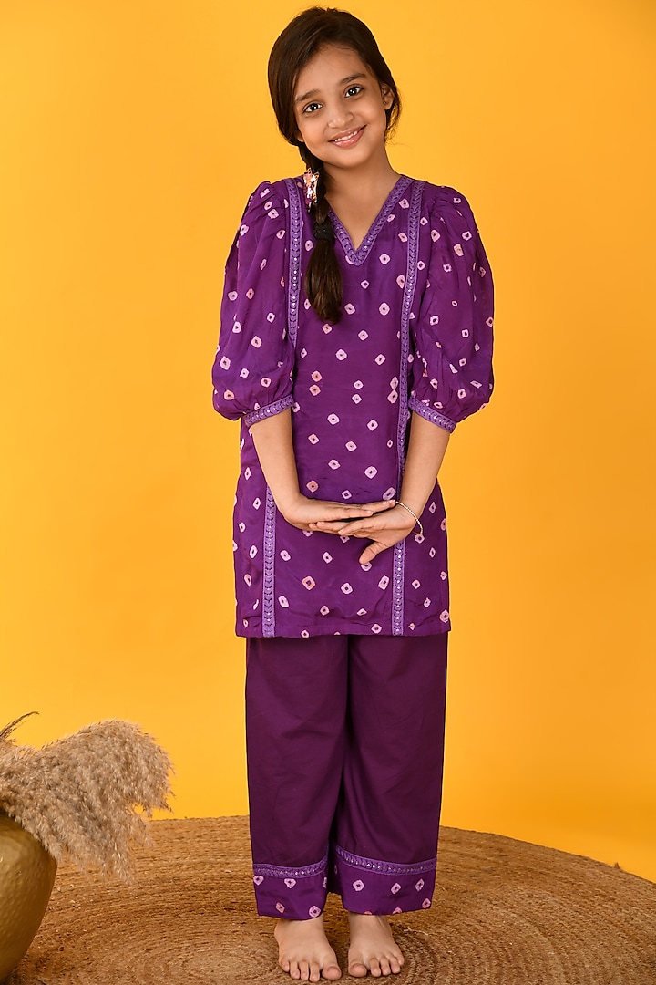 Purple Bandhani Printed Kurta Set For Girls by KALP