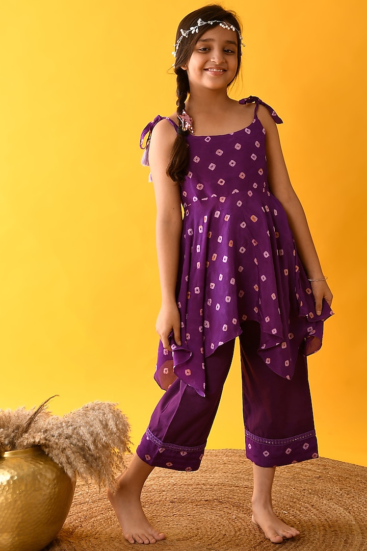 Purple Printed Handkerchief Kurta Set For Girls by KALP