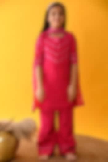 Hot Pink Lace Embroidered Kurta Set For Girls by KALP
