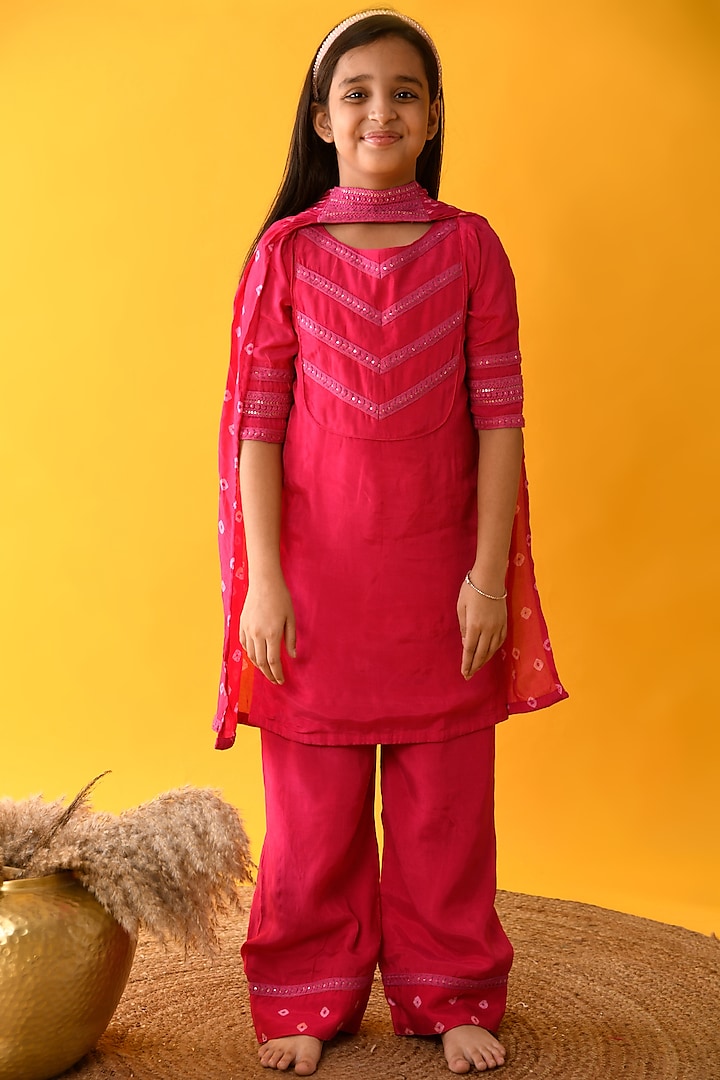 Hot Pink Lace Embroidered Kurta Set For Girls by KALP