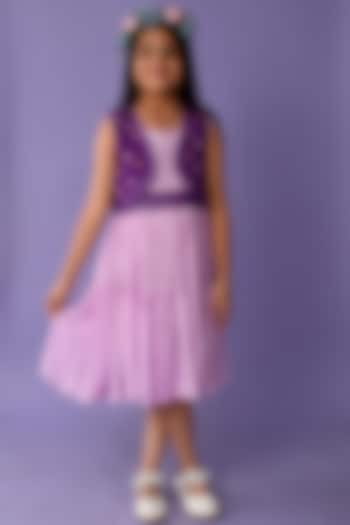 Lavender Muslin Silk Jacket Dress For Girls by KALP