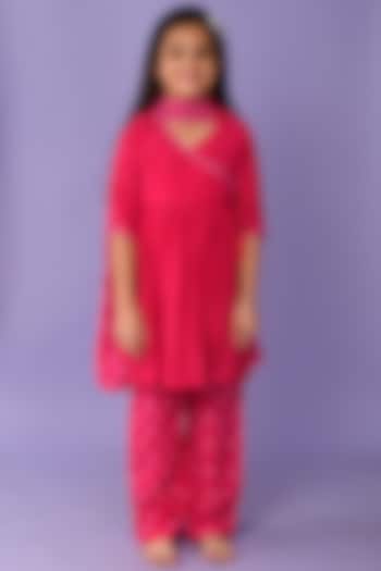 Hot Pink Cotton Angrakha Kurta Set For Girls by KALP